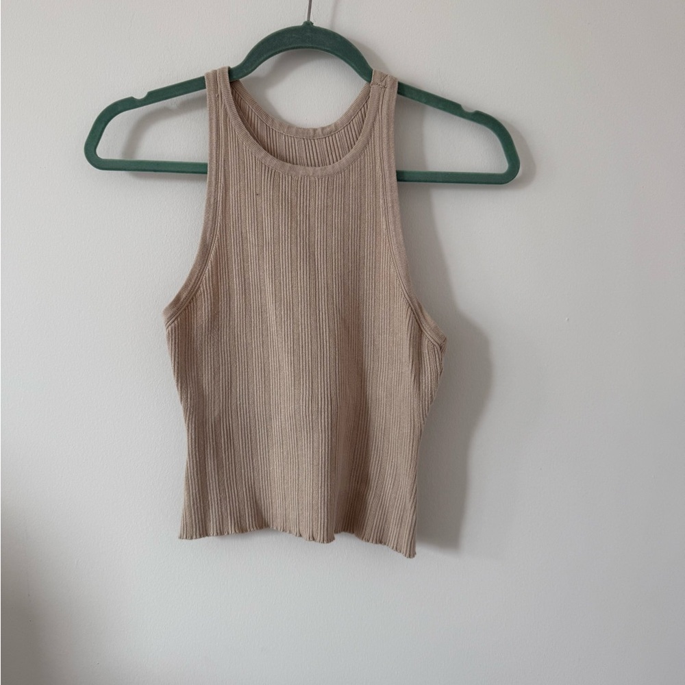 Beige Ribbed High Neck Tank Top